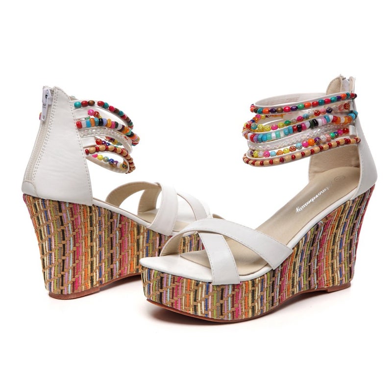 getmorebeauty Women's Wedge Sandals Pearls Across The Top Platform High Heels (7.5 US, White Belt) - Image 5
